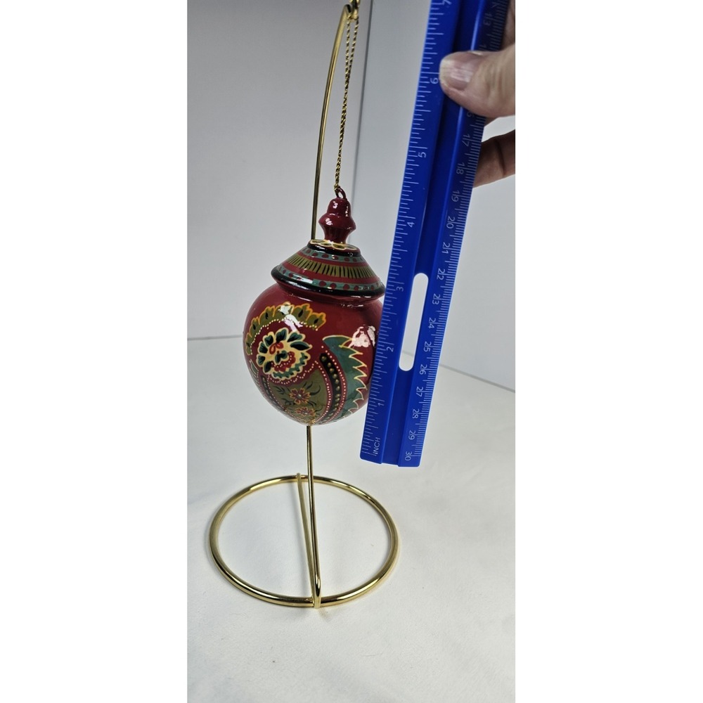 Hand Painted Wooden Christmas Ornament Red Paisley Floral - Picture 5 of 5